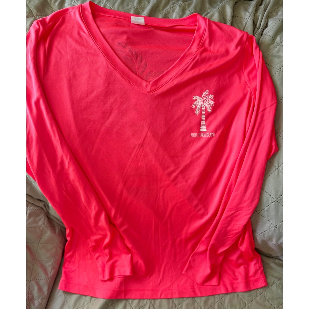 Sport-Tek Womens Anna Maria Island Live Happy Palm Tree V-Neck Tee Neon Pink L